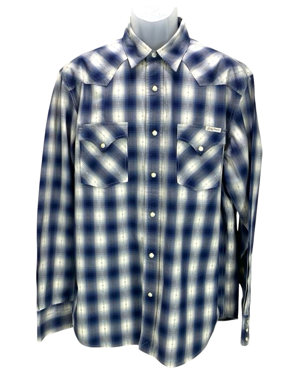 Lucky Brand Western Pearl Snap Plaid Shirt Men’s Large Blue Cotton